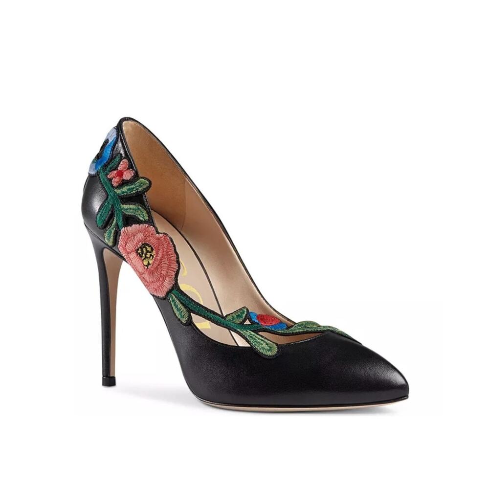 Gucci Ophelia Embroidered Heel Pumps Black 38